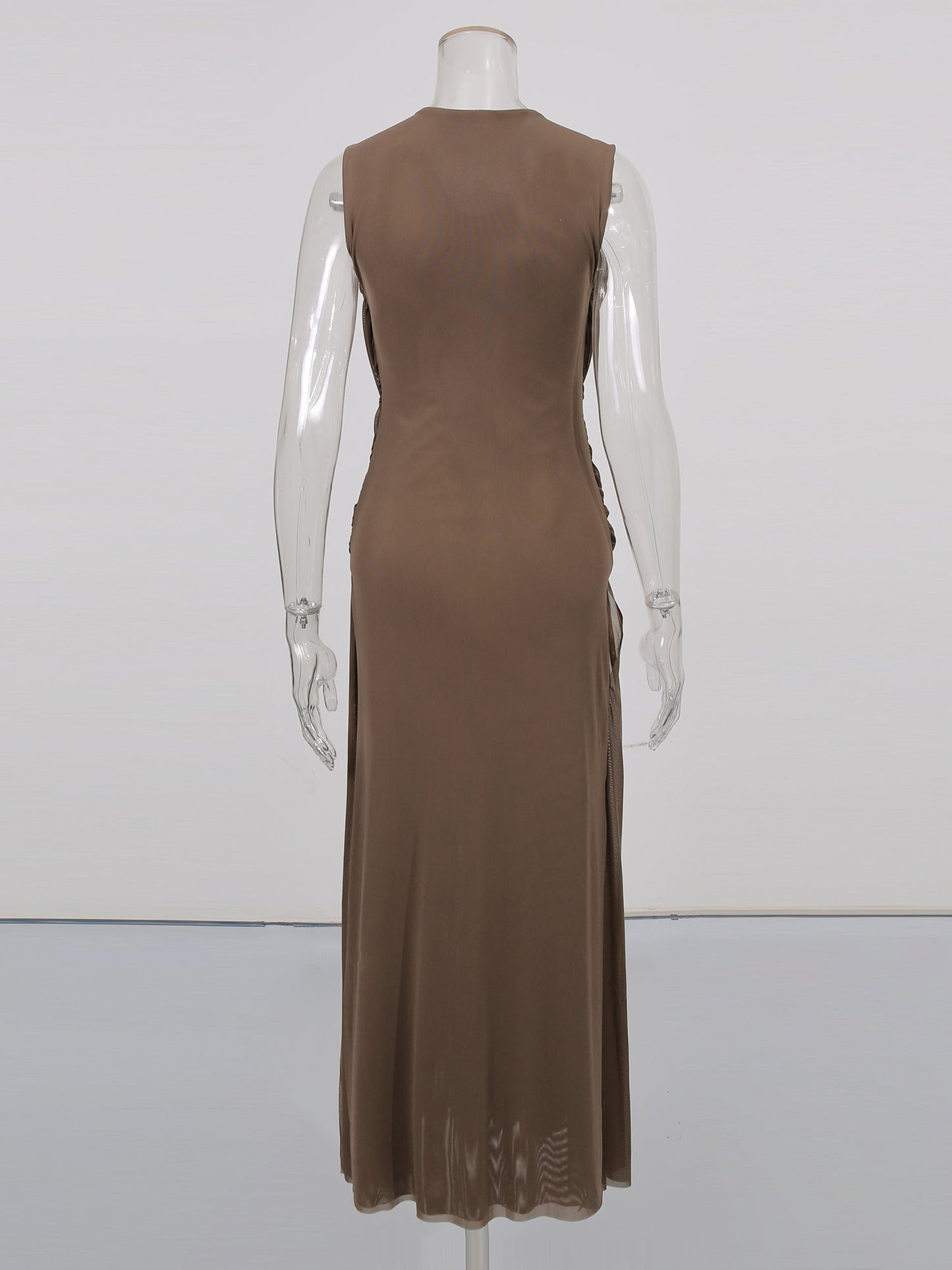 Coffee Sleeveless Knotted Ruched Maxi Dress - SISPELL