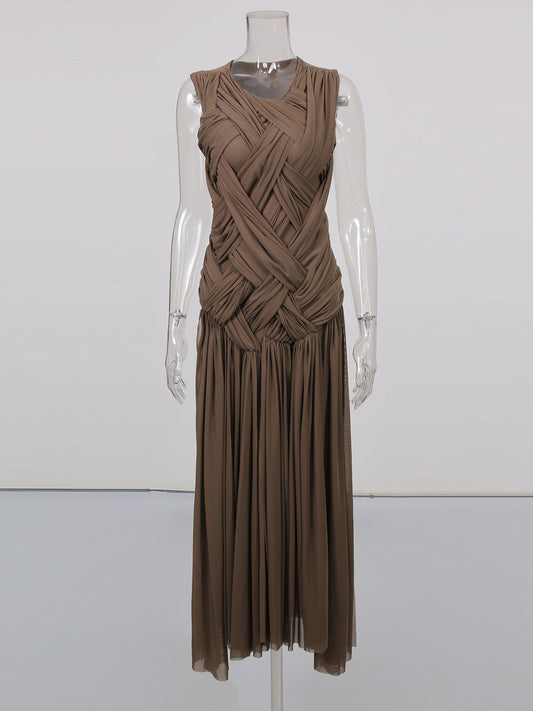 Coffee Sleeveless Knotted Ruched Maxi Dress - SISPELL