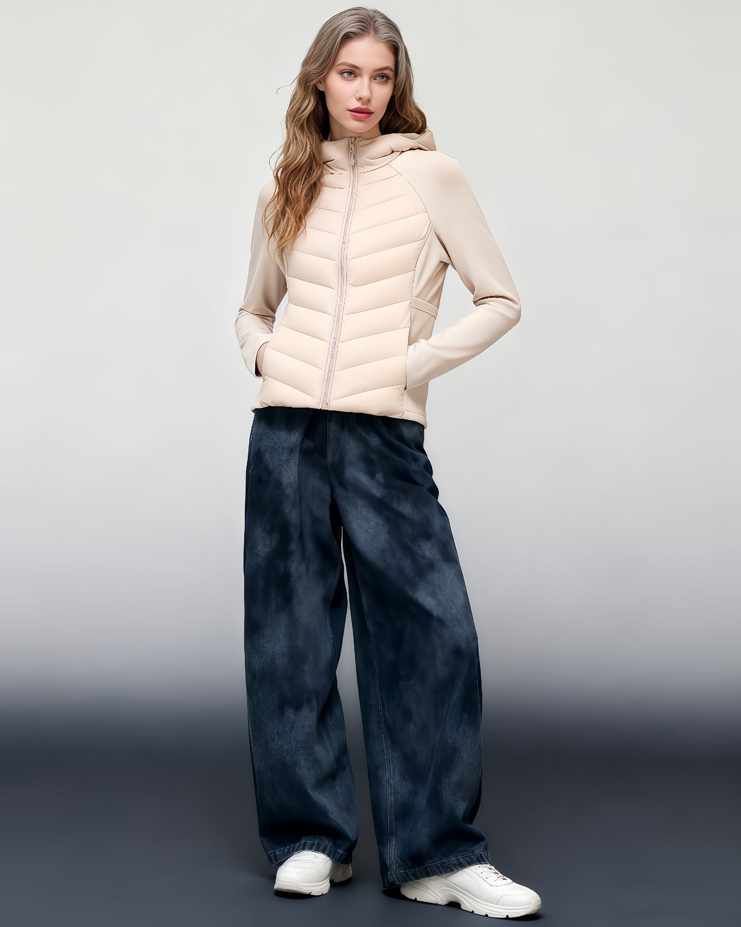 Creamy Beige Lightweight Down Jacket with Hood - SISPELL