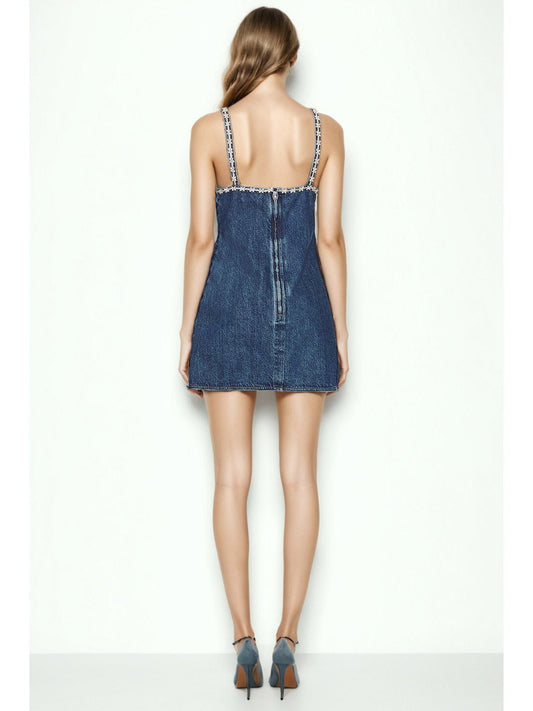 Denim V - neck Patchwork Diamonds Short Dress - SISPELL