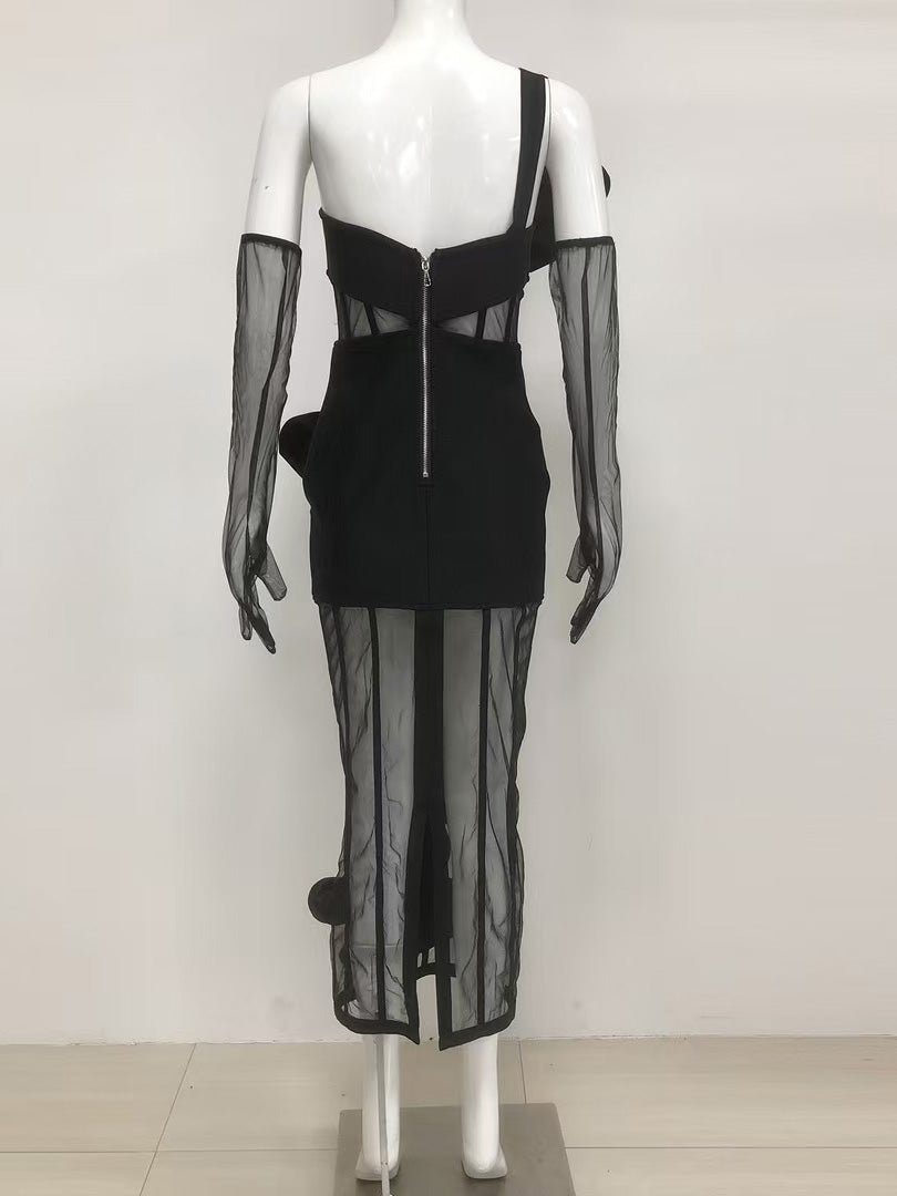 Off Shoulder Mesh Patchwork Backless Midi Dress