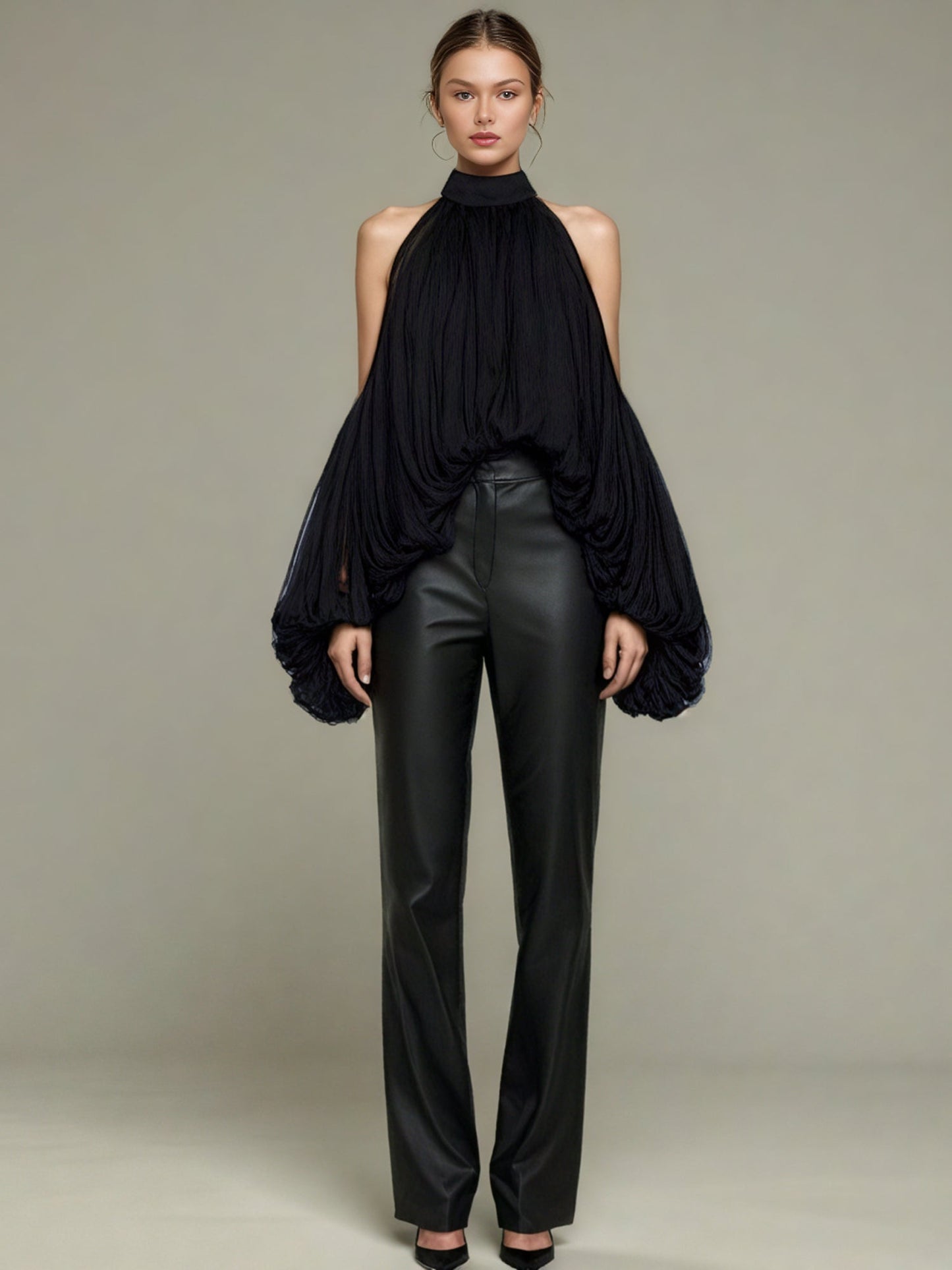 Edgy Black Halter Neck Draped Puff Sleeve Blouse - SISPELL