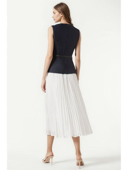 Elegant Hit Color Pleated Long Dress - SISPELL