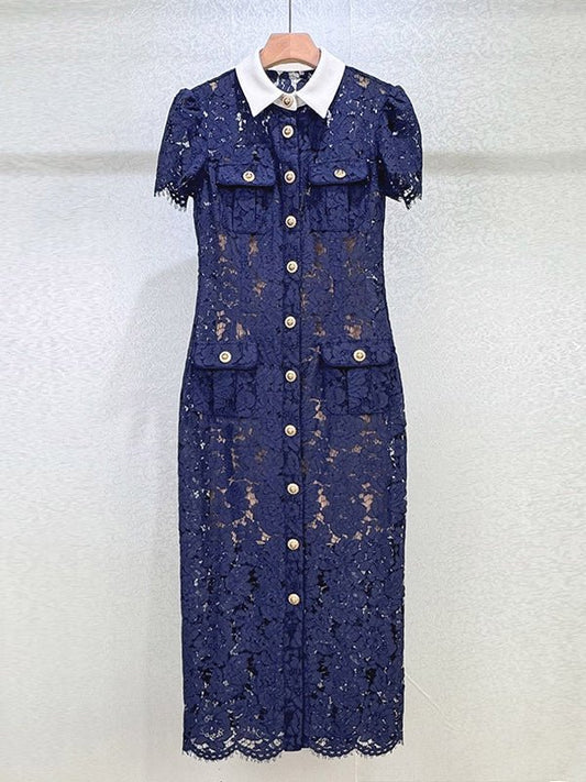 Elegant Lace Hit Color Midi Dress - SISPELL