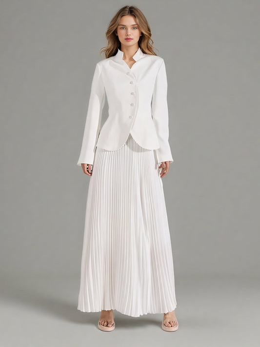 Elegant White Embroidered Jacket and Pleated Maxi Skirt Suit - SISPELL
