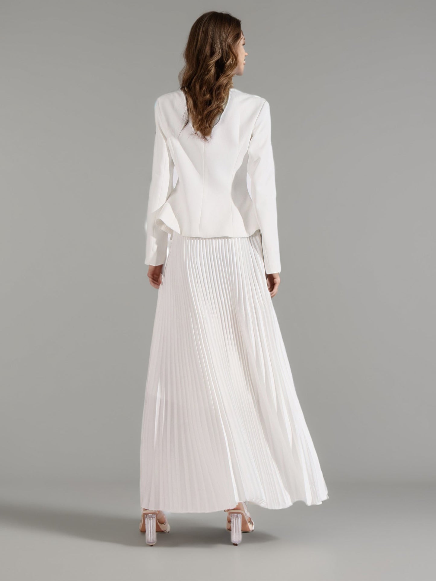 Elegant White Embroidered Jacket and Pleated Maxi Skirt Suit - SISPELL