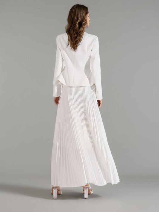 Elegant White Embroidered Jacket and Pleated Maxi Skirt Suit - SISPELL