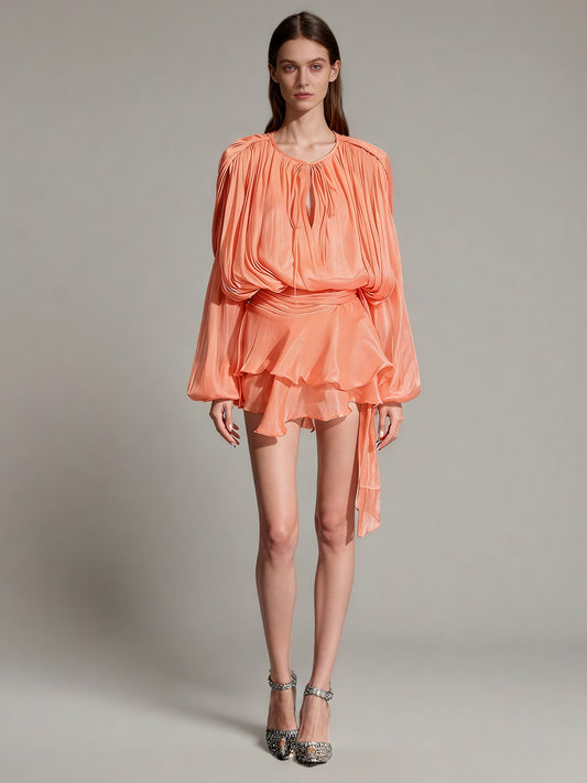 Enchanting Light Orange Tie - Neck Wrap Mini Dress - SISPELL