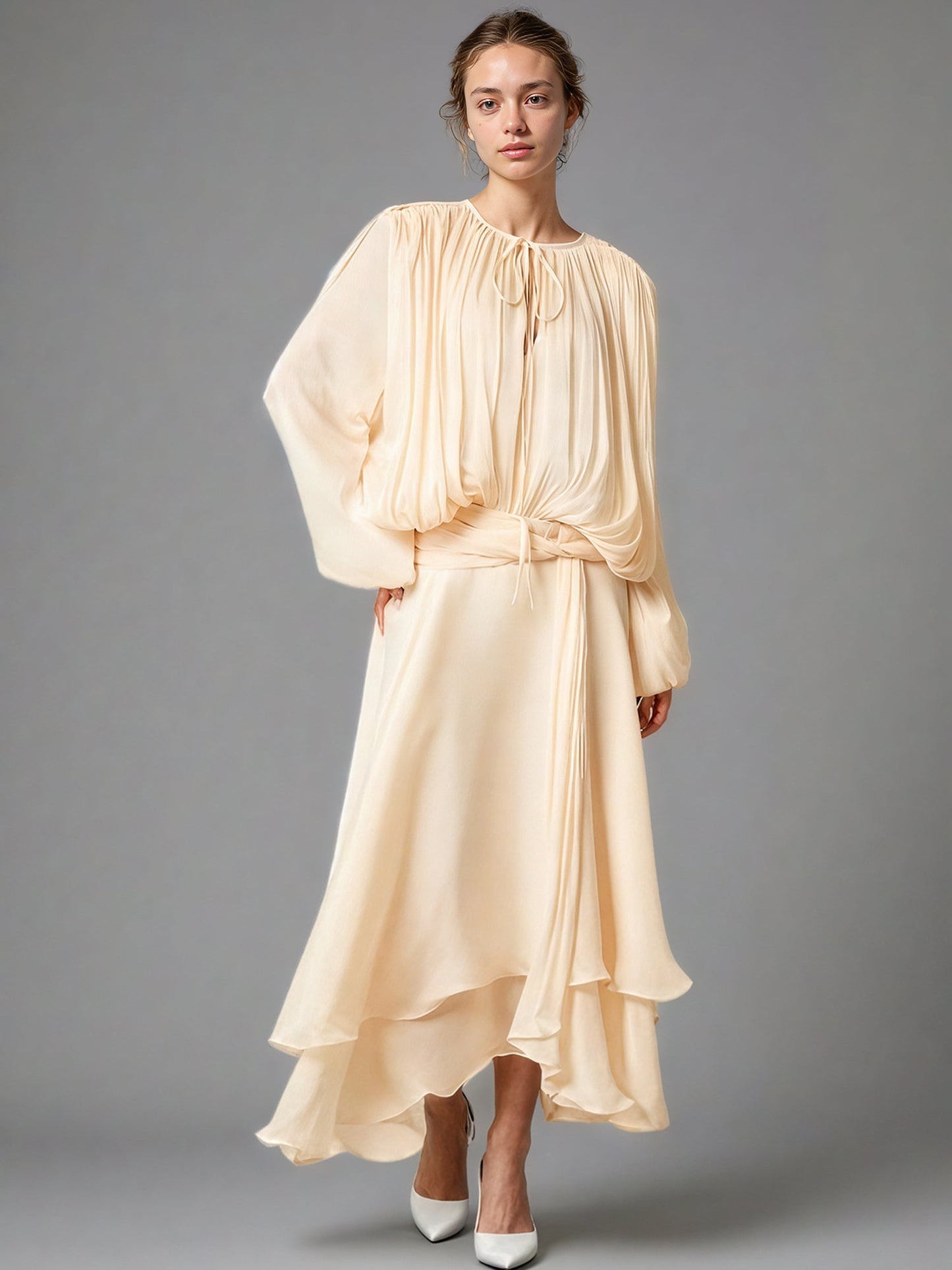 Ethereal Apricot Pleated Maxi Dress with Tie Neck - SISPELL