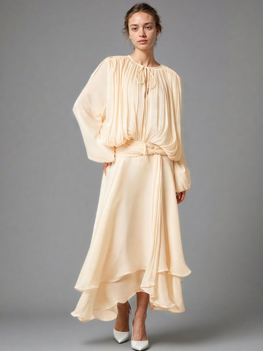 Ethereal Apricot Pleated Maxi Dress with Tie Neck - SISPELL