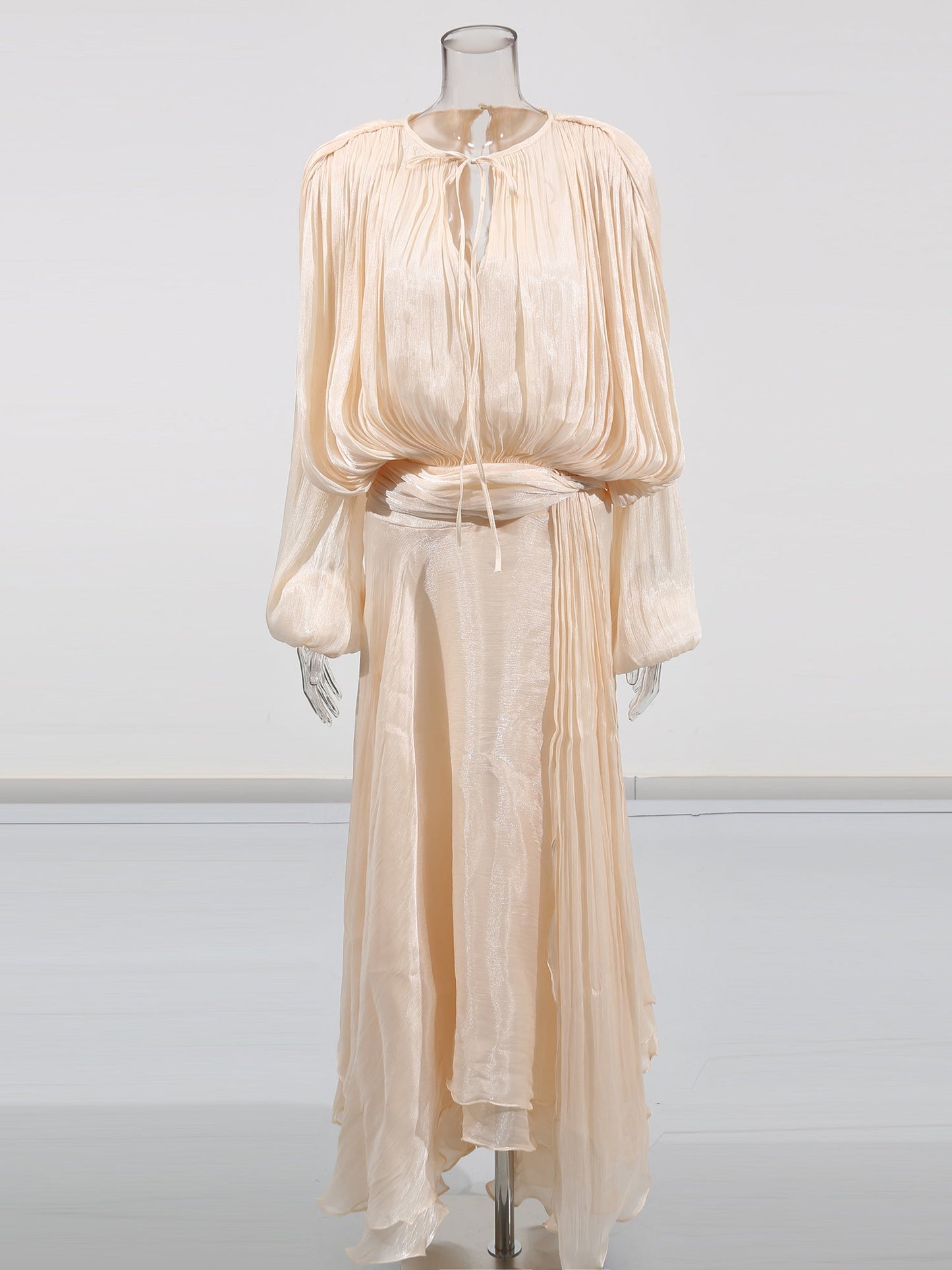 Ethereal Apricot Pleated Maxi Dress with Tie Neck - SISPELL