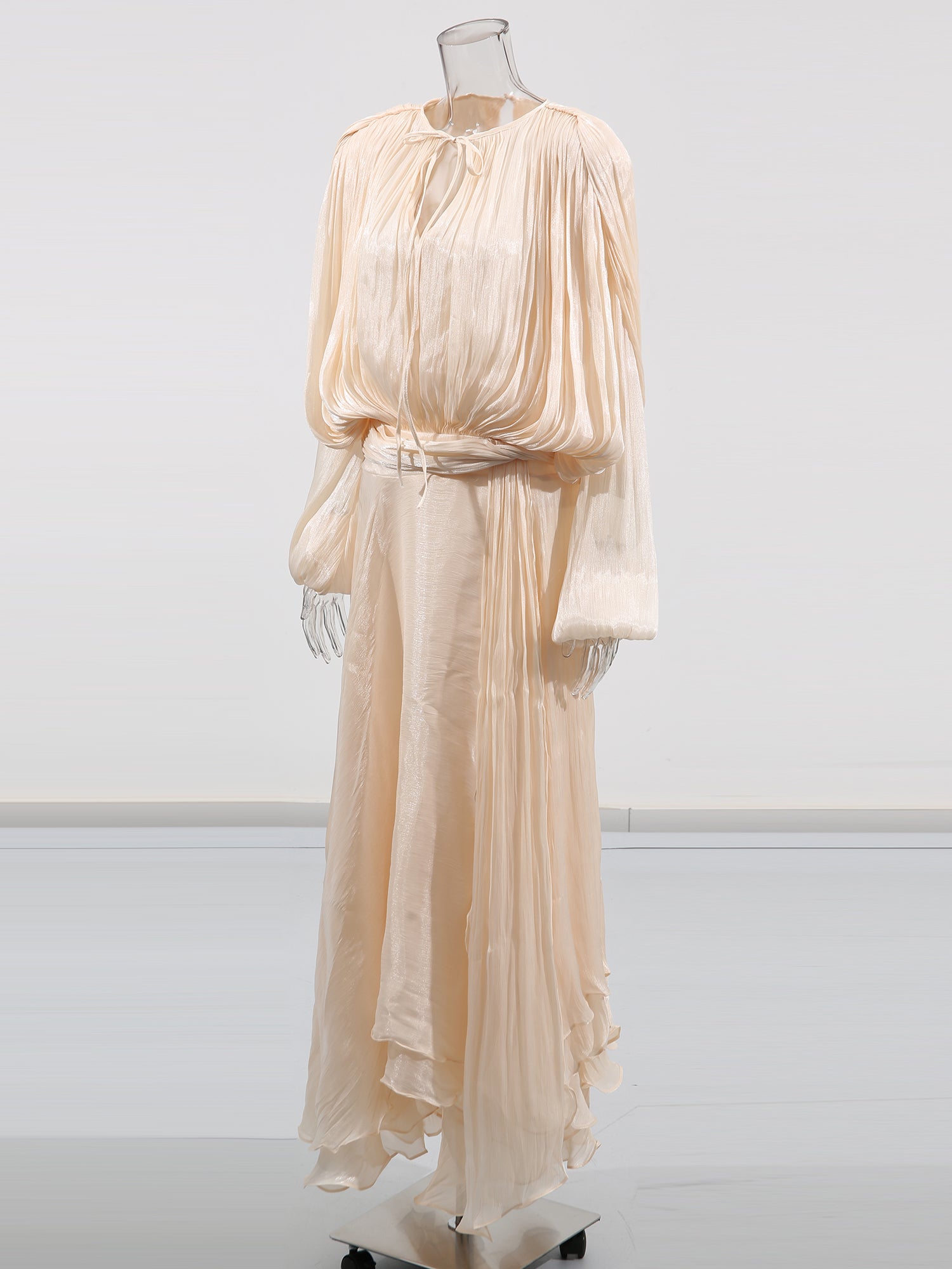 Ethereal Apricot Pleated Maxi Dress with Tie Neck - SISPELL