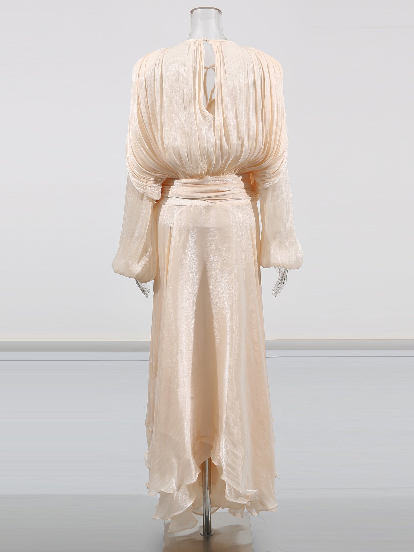 Ethereal Apricot Pleated Maxi Dress with Tie Neck - SISPELL