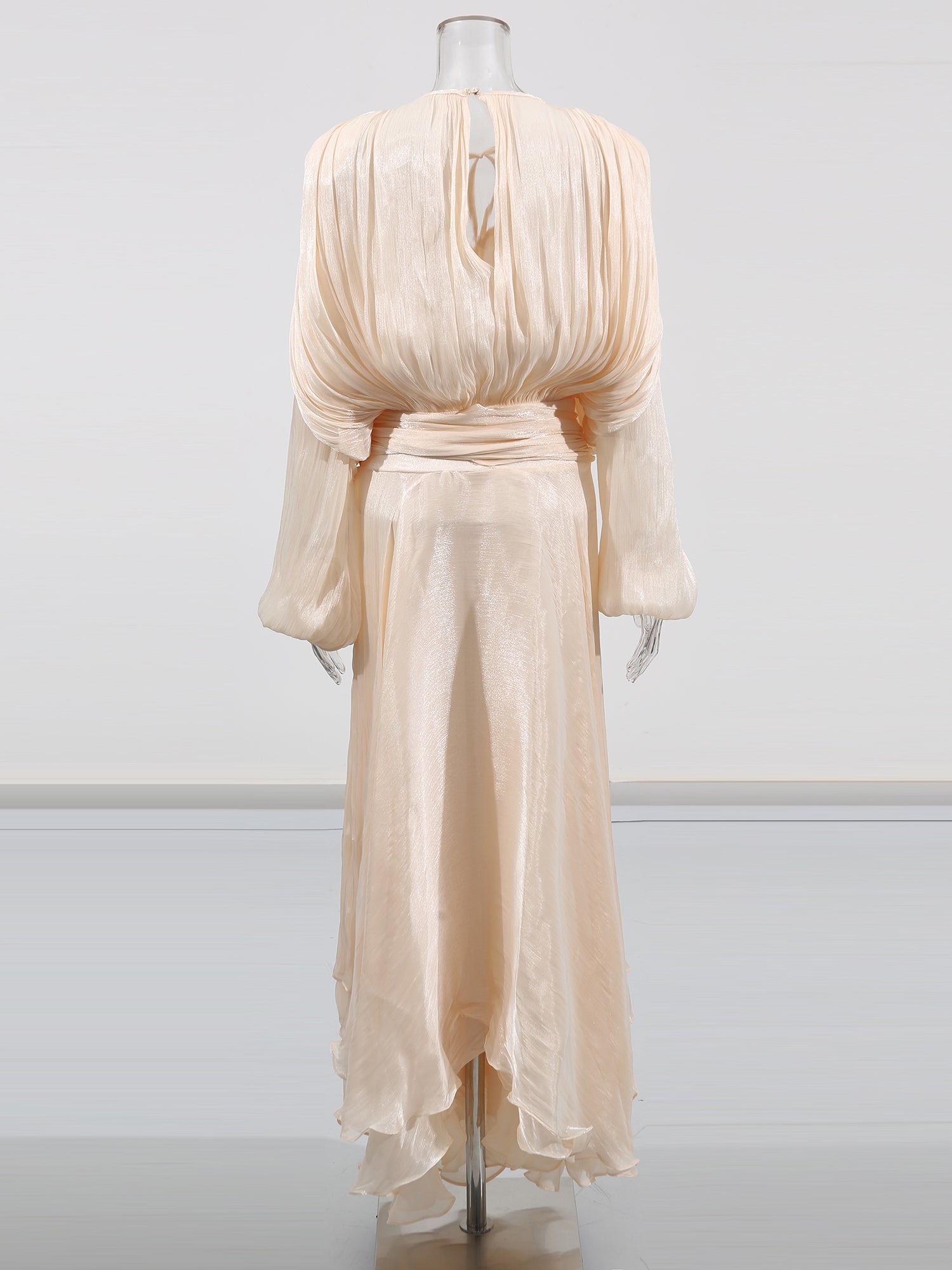 Ethereal Apricot Pleated Maxi Dress with Tie Neck - SISPELL