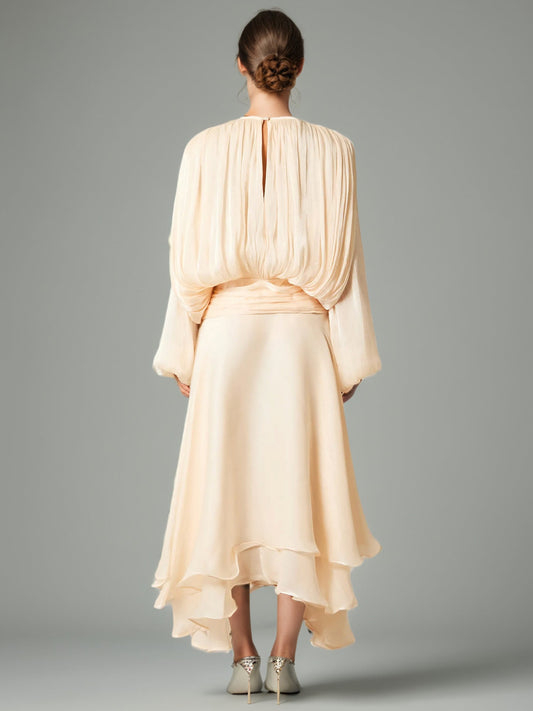 Ethereal Apricot Pleated Maxi Dress with Tie Neck - SISPELL