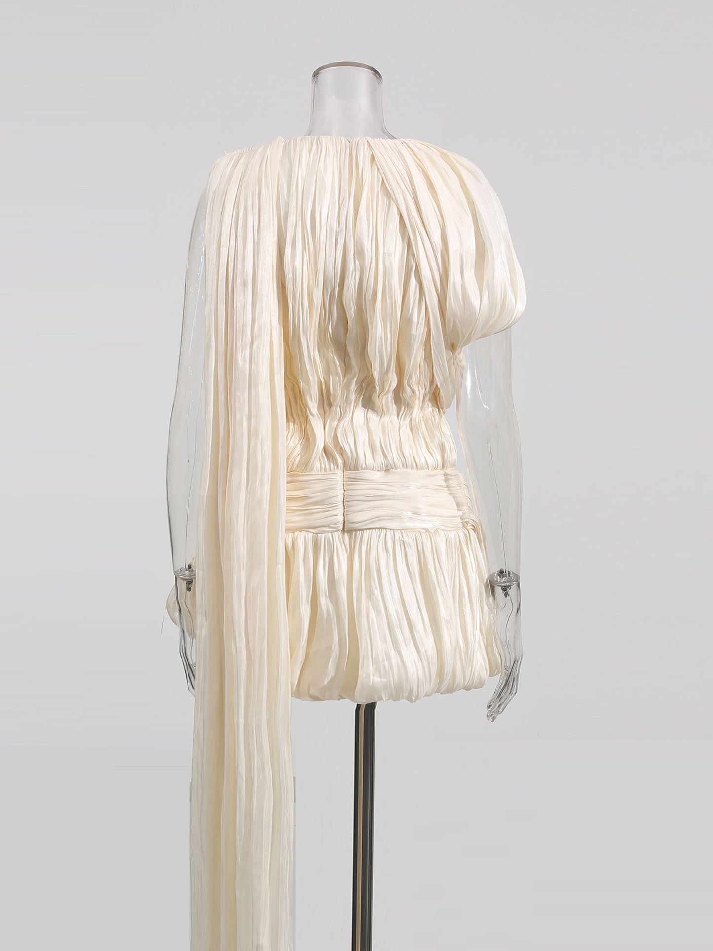 Ethereal Ivory Draped Asymmetric Mini Dress with Sash - SISPELL
