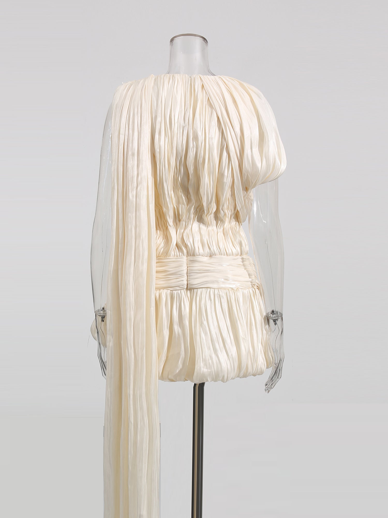 Ethereal Ivory Draped Asymmetric Mini Dress with Sash - SISPELL