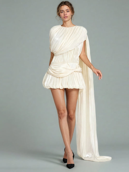 Ethereal Ivory Draped Asymmetric Mini Dress with Sash - SISPELL