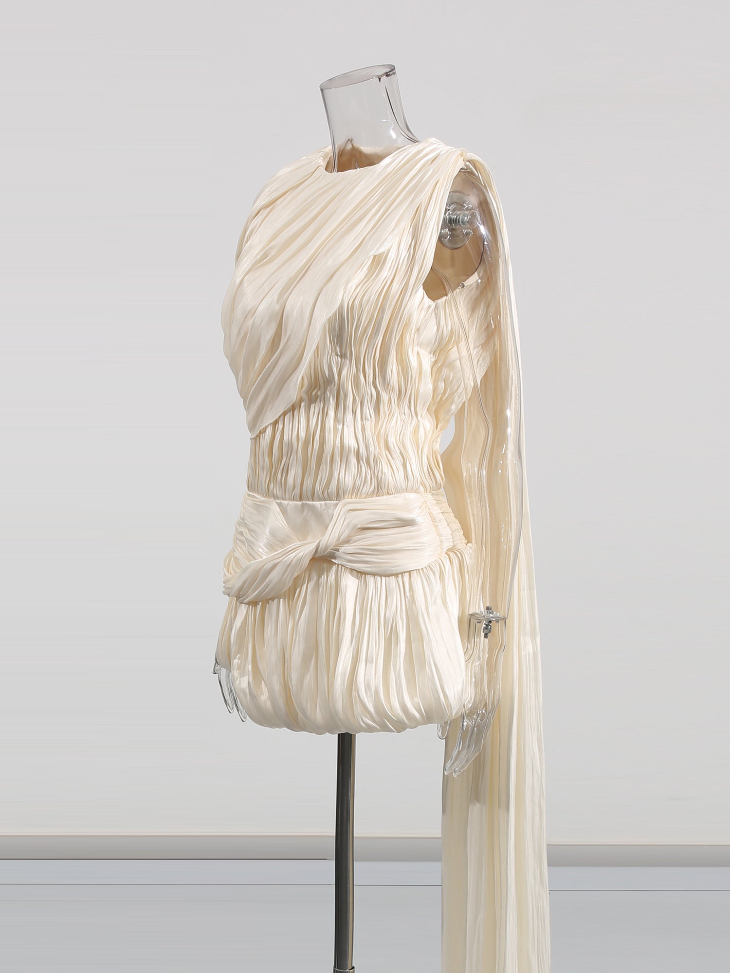 Ethereal Ivory Draped Asymmetric Mini Dress with Sash - SISPELL