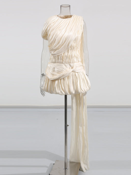 Ethereal Ivory Draped Asymmetric Mini Dress with Sash - SISPELL