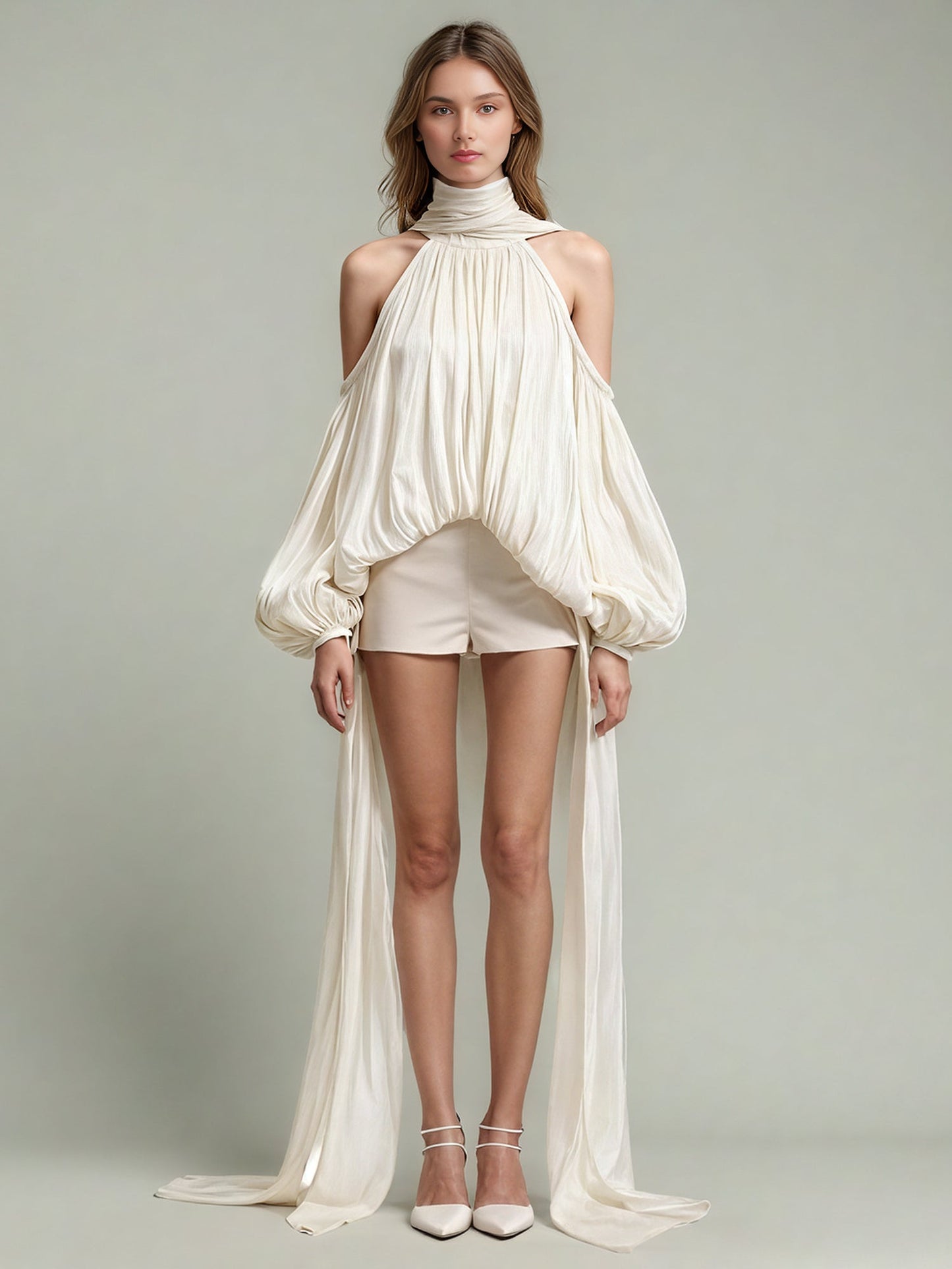 Ethereal Ivory Halter Neck Puff Sleeve Blouse with Draped Details - SISPELL