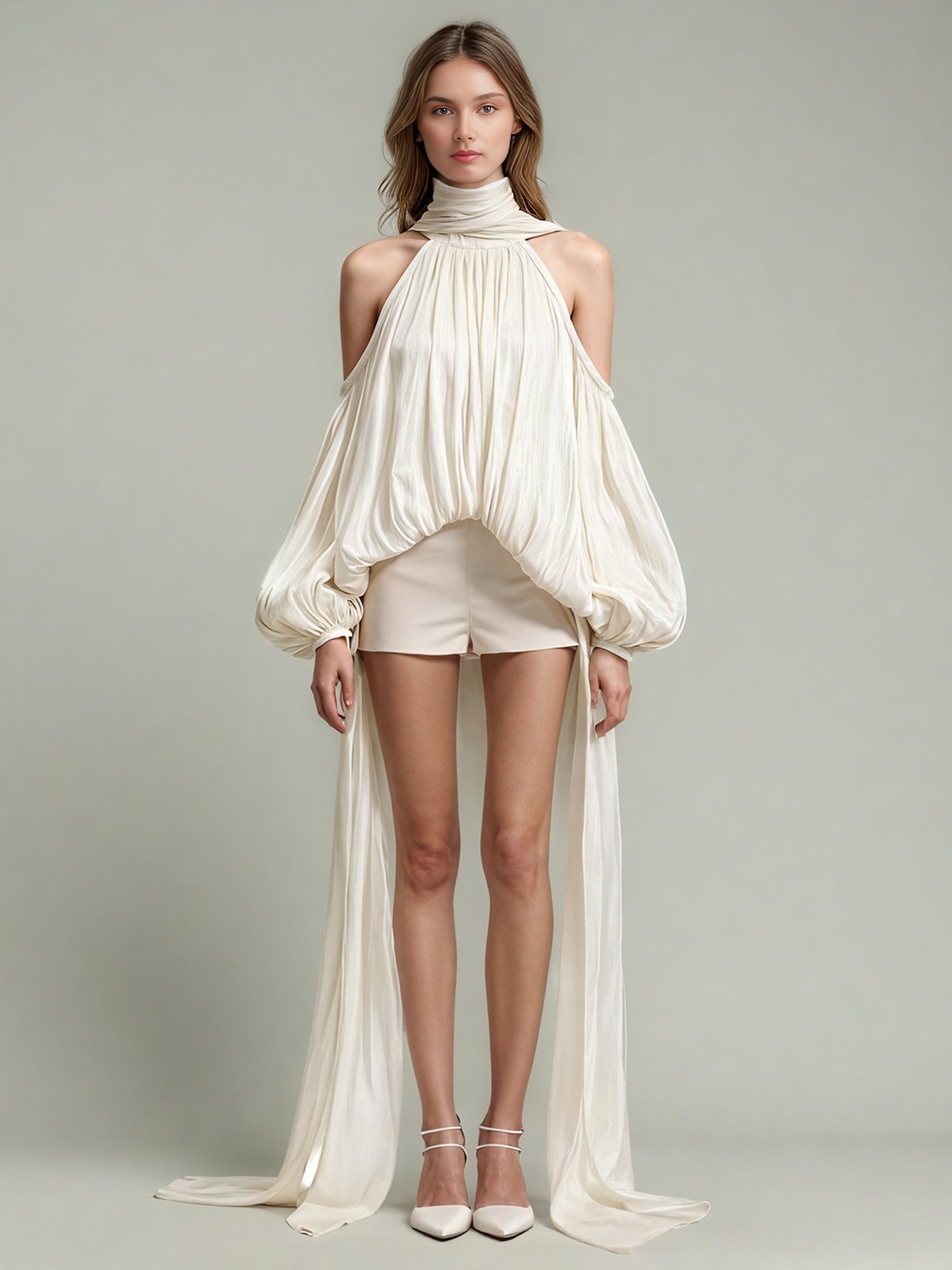 Ethereal Ivory Halter Neck Puff Sleeve Blouse with Draped Details - SISPELL