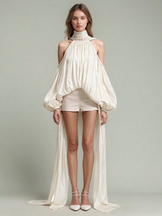Ethereal Ivory Halter Neck Puff Sleeve Blouse with Draped Details - SISPELL