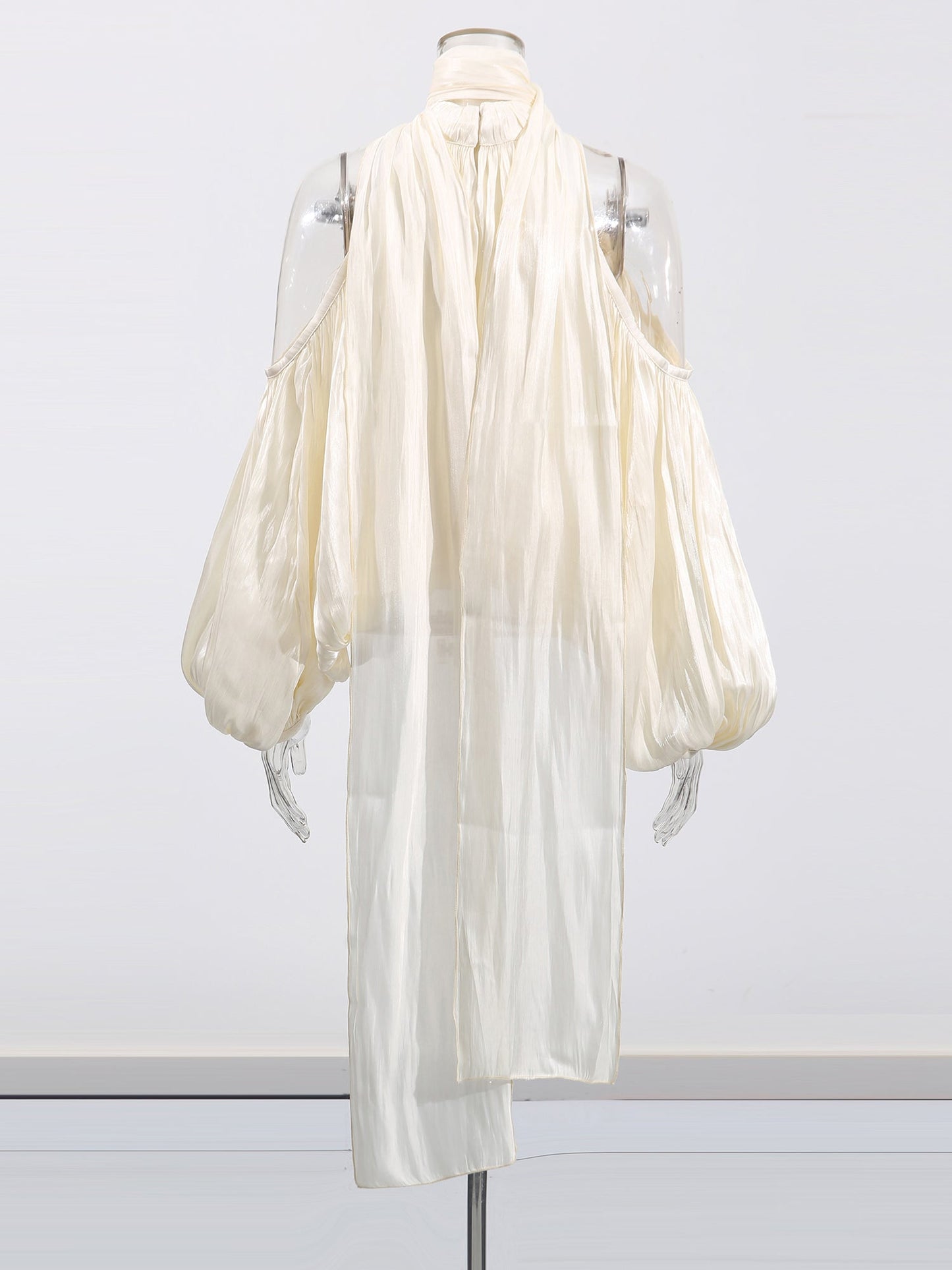 Ethereal Ivory Halter Neck Puff Sleeve Blouse with Draped Details - SISPELL