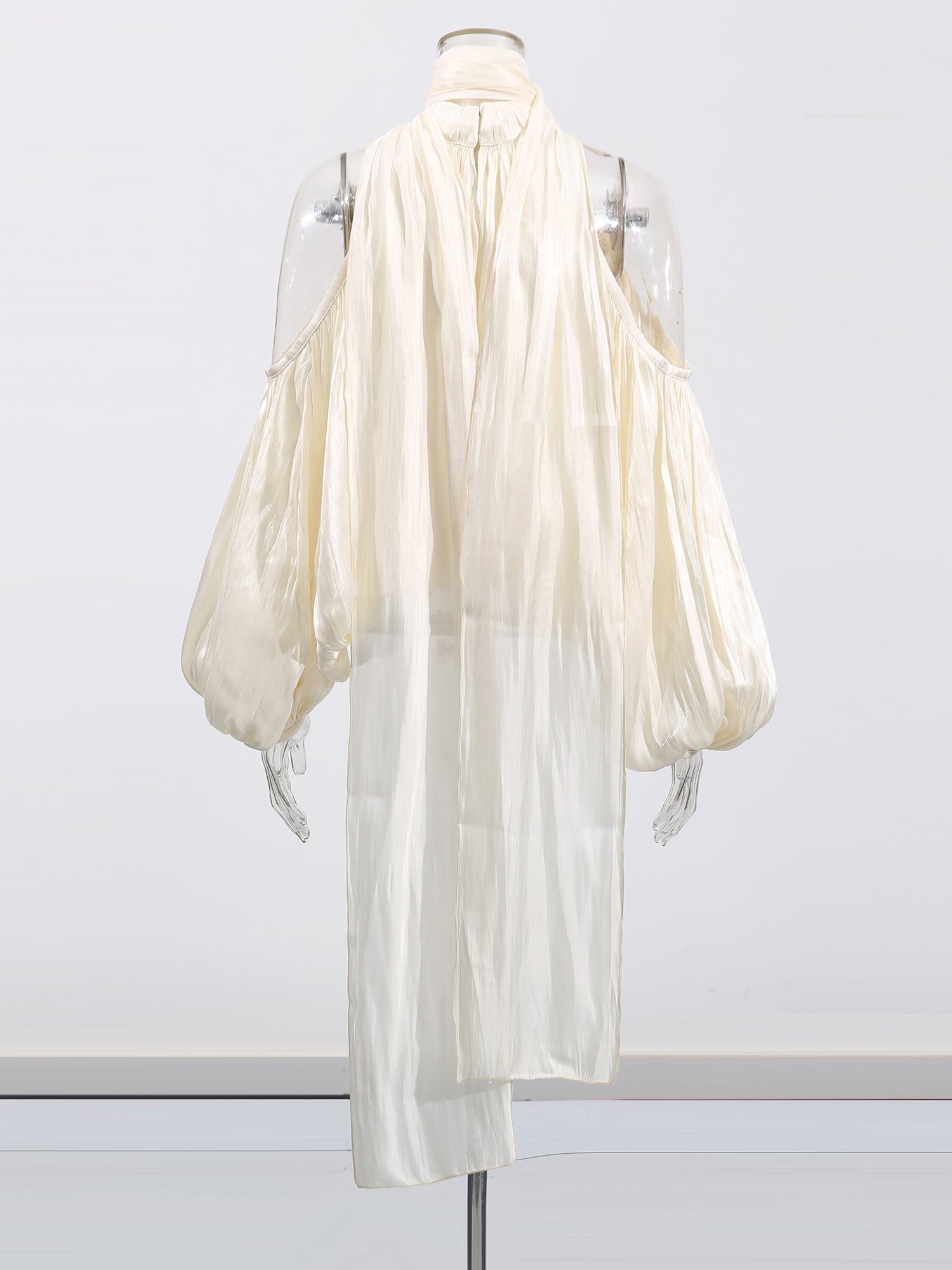 Ethereal Ivory Halter Neck Puff Sleeve Blouse with Draped Details - SISPELL