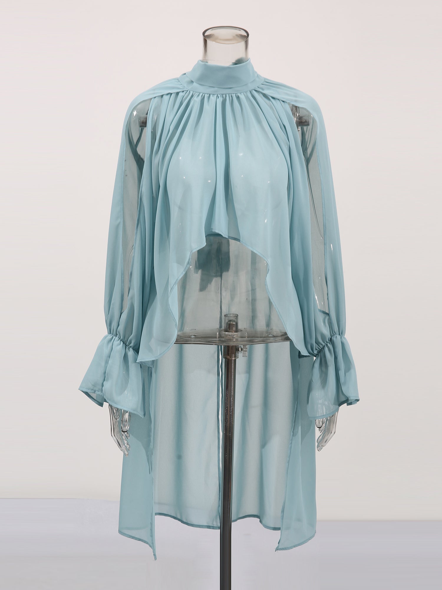 Ethereal Light Blue Sheer High Neck Asymmetric Blouse - SISPELL