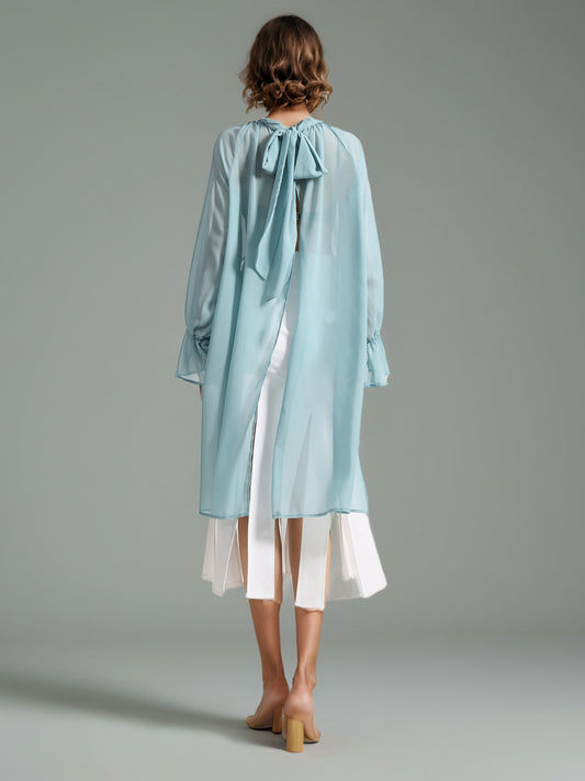 Ethereal Light Blue Sheer High Neck Asymmetric Blouse - SISPELL
