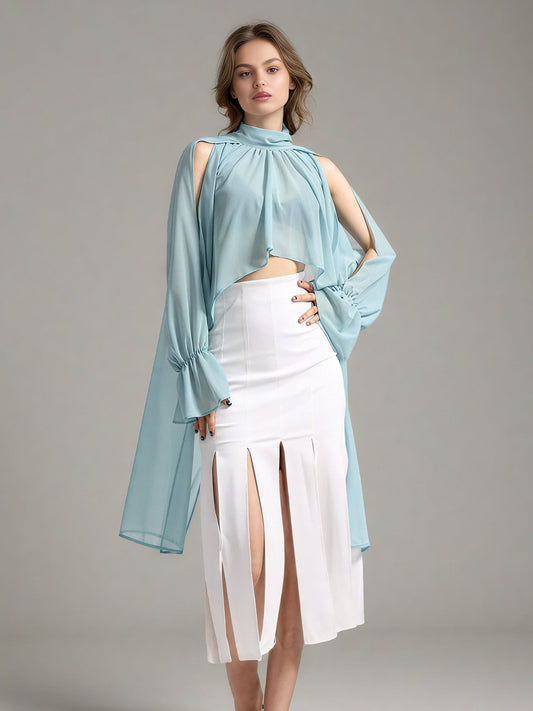 Ethereal Light Blue Sheer High Neck Asymmetric Blouse - SISPELL