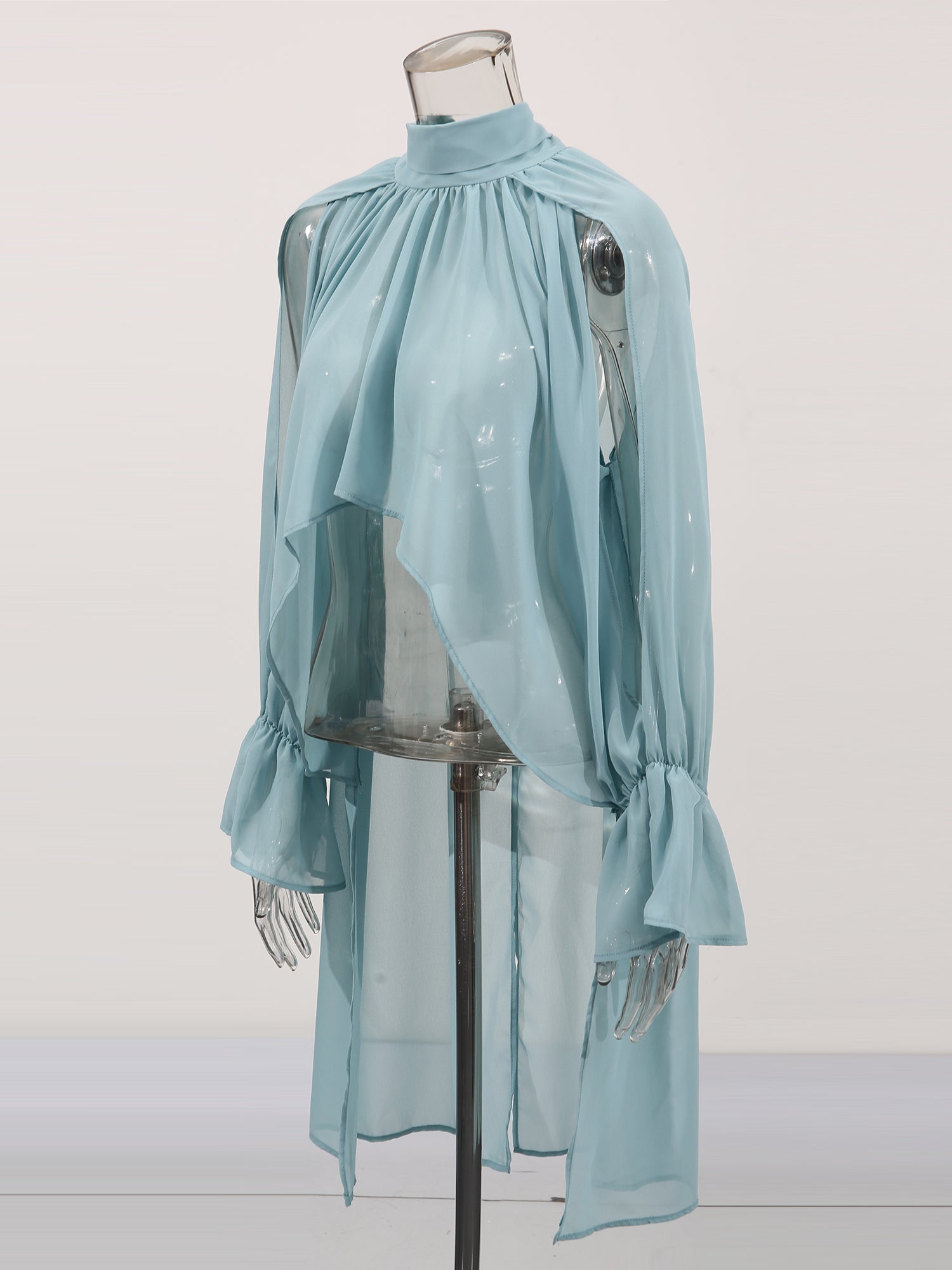 Ethereal Light Blue Sheer High Neck Asymmetric Blouse - SISPELL
