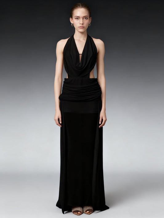 Gothic - Chic Black Halter Neck Draped Maxi Dress - SISPELL