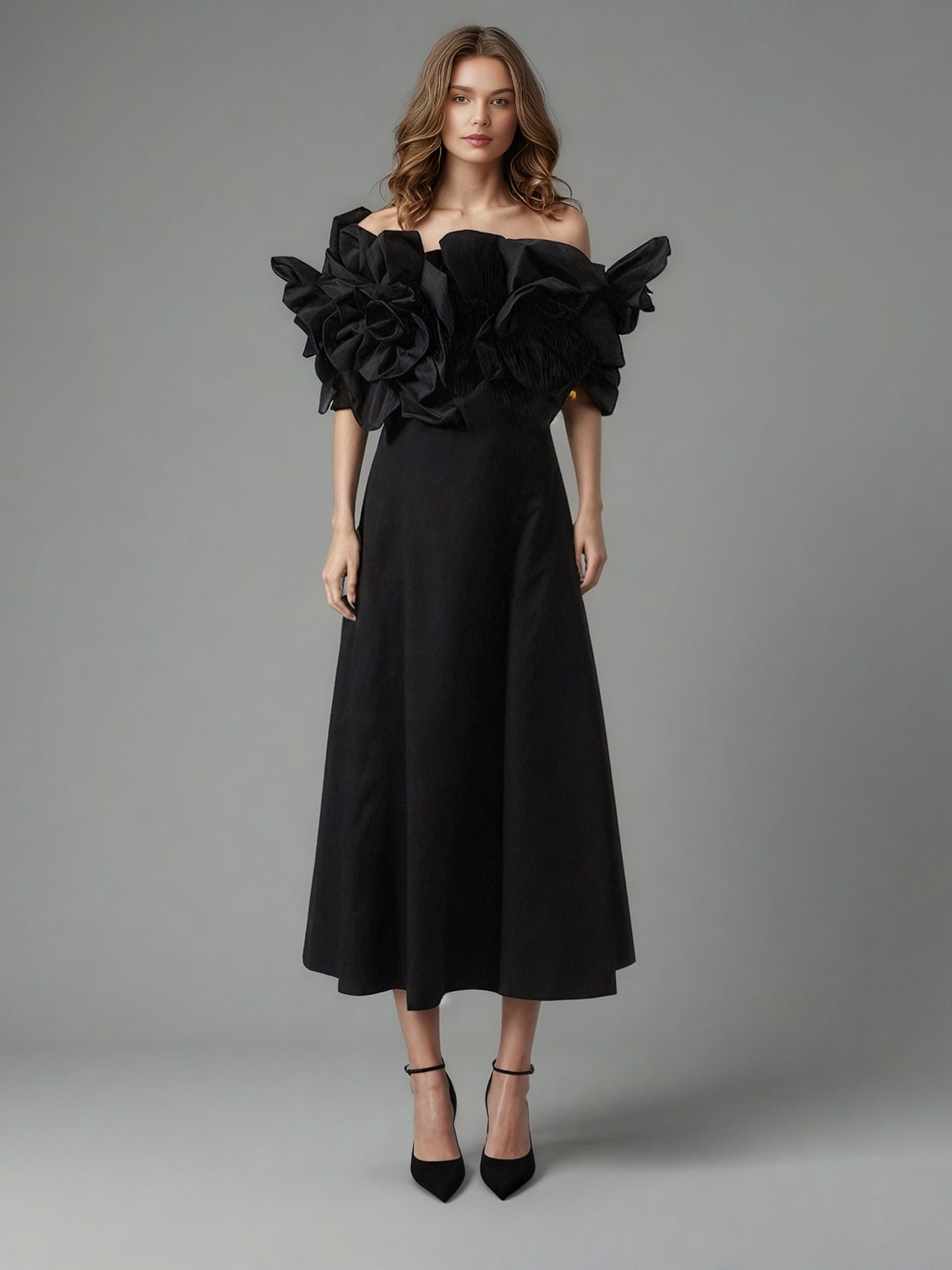 Gothic - Chic Black Off - Shoulder Floral Applique Midi Dress - SISPELL
