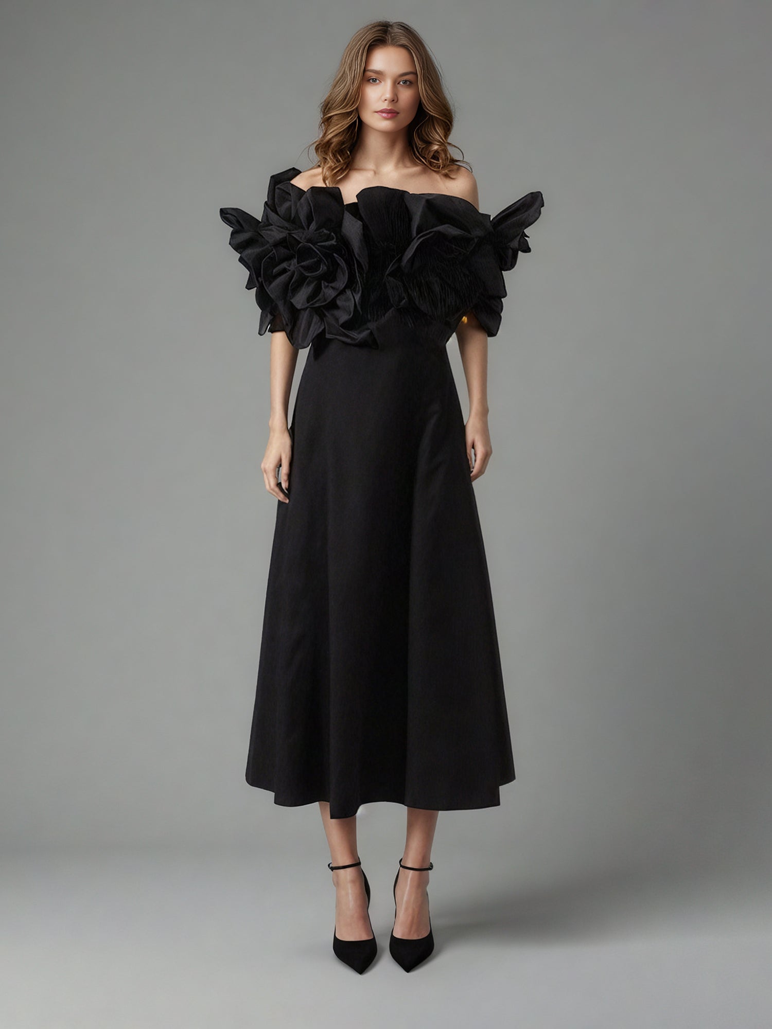 Gothic - Chic Black Off - Shoulder Floral Applique Midi Dress - SISPELL