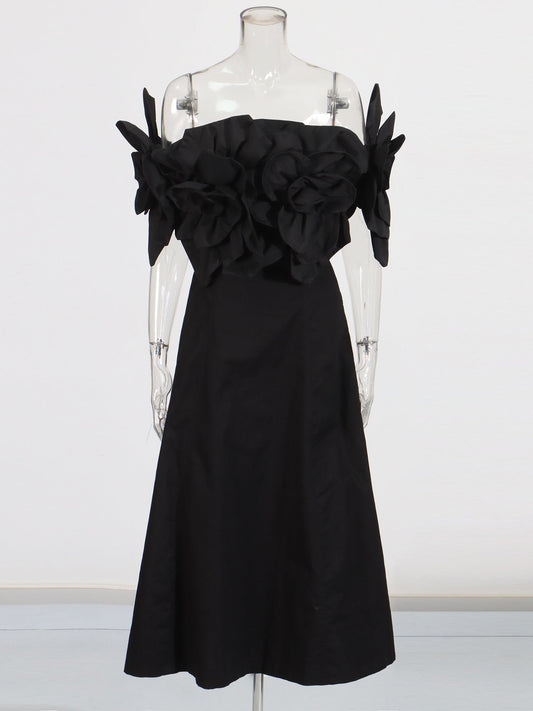 Gothic - Chic Black Off - Shoulder Floral Applique Midi Dress - SISPELL