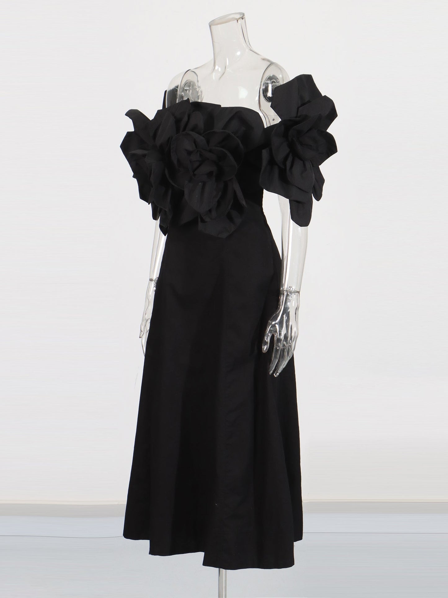 Gothic - Chic Black Off - Shoulder Floral Applique Midi Dress - SISPELL