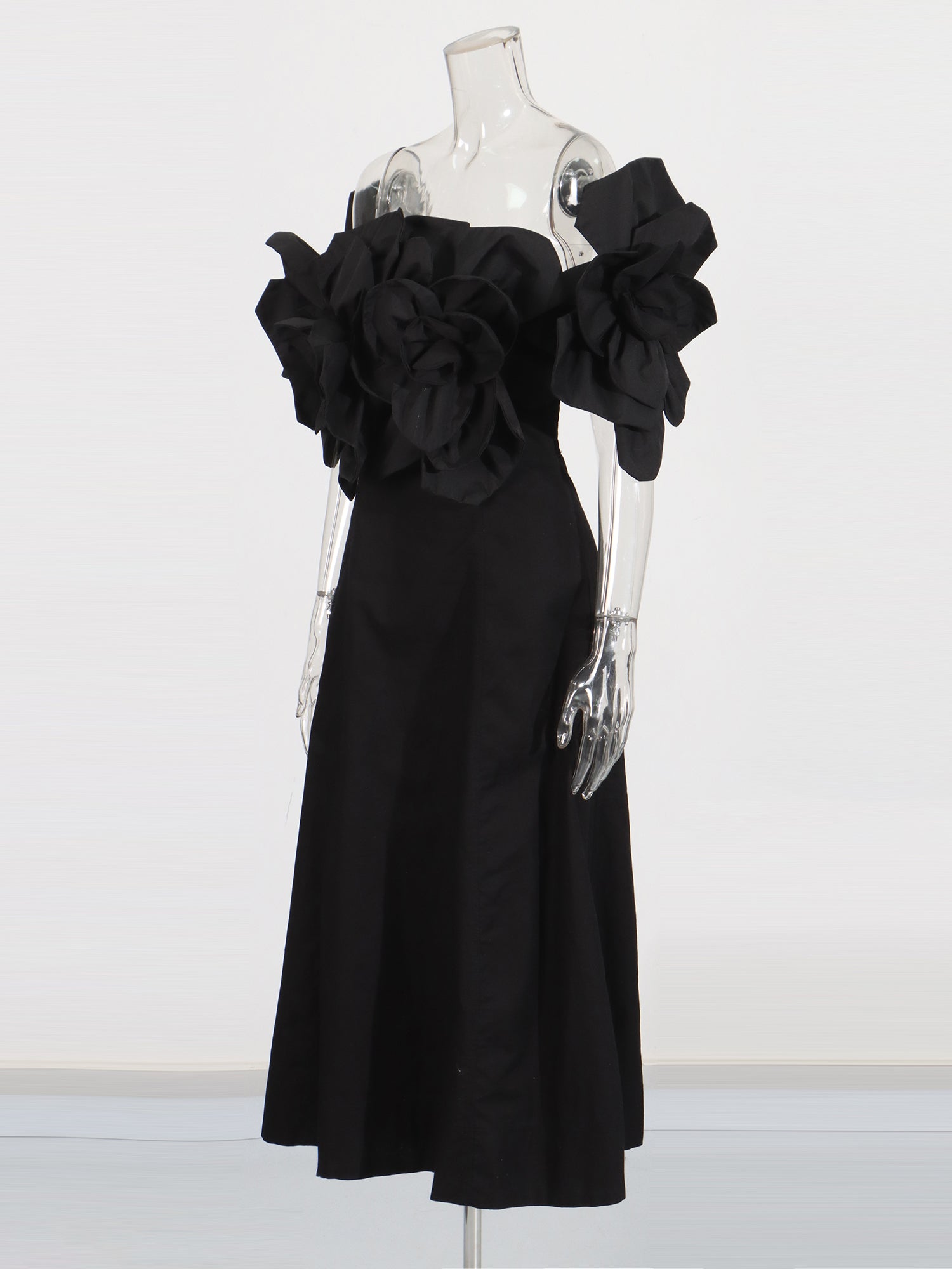 Gothic - Chic Black Off - Shoulder Floral Applique Midi Dress - SISPELL