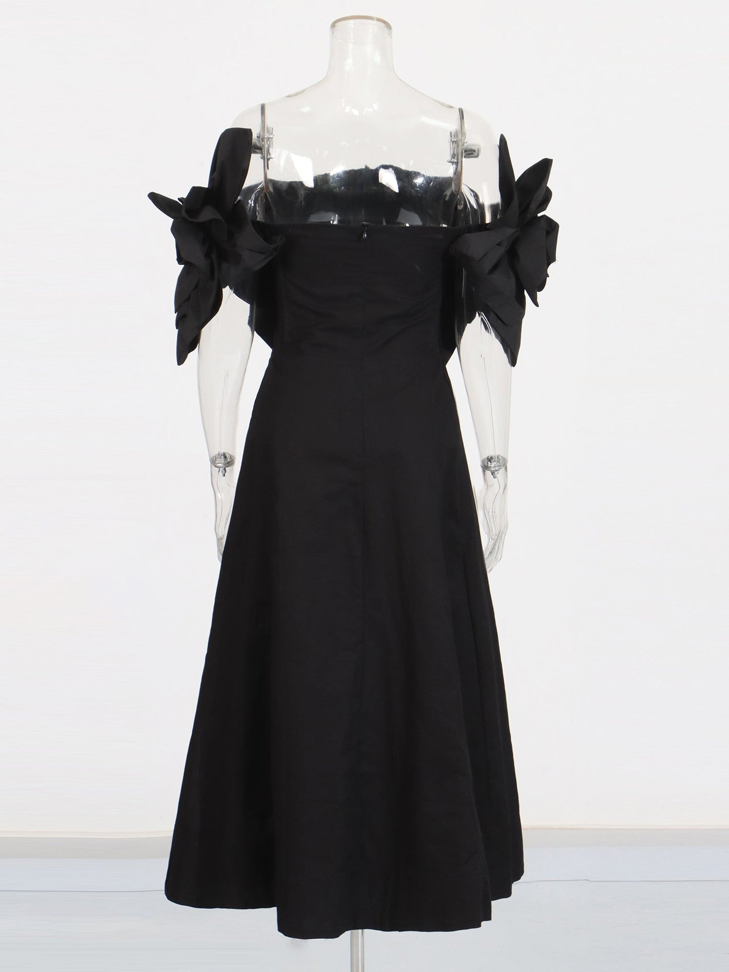 Gothic - Chic Black Off - Shoulder Floral Applique Midi Dress - SISPELL