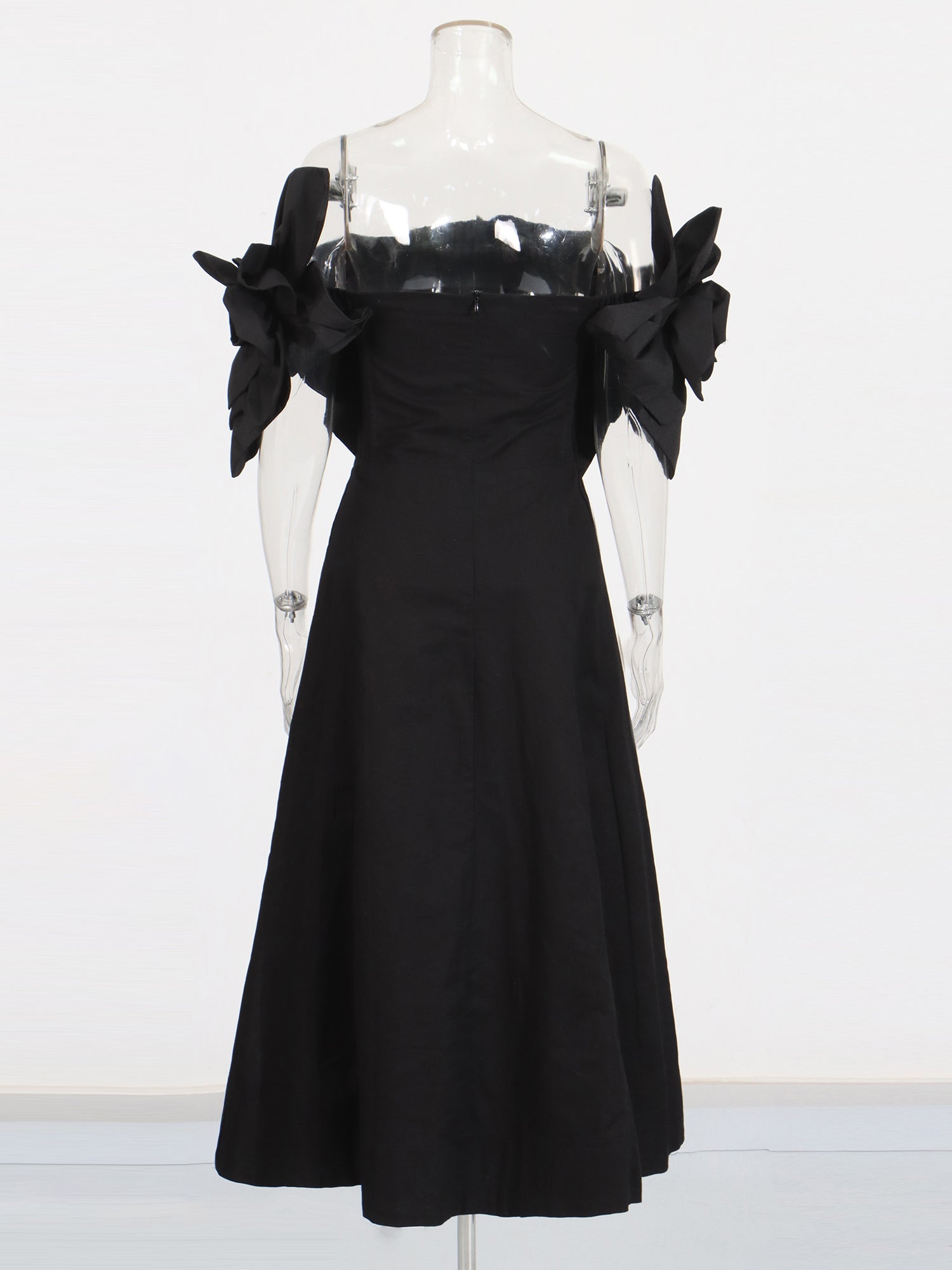 Gothic - Chic Black Off - Shoulder Floral Applique Midi Dress - SISPELL