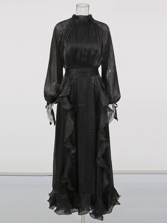 Gothic - Glam Black Ruffled Maxi Dress with Tie Cuffs and High Neck - SISPELL