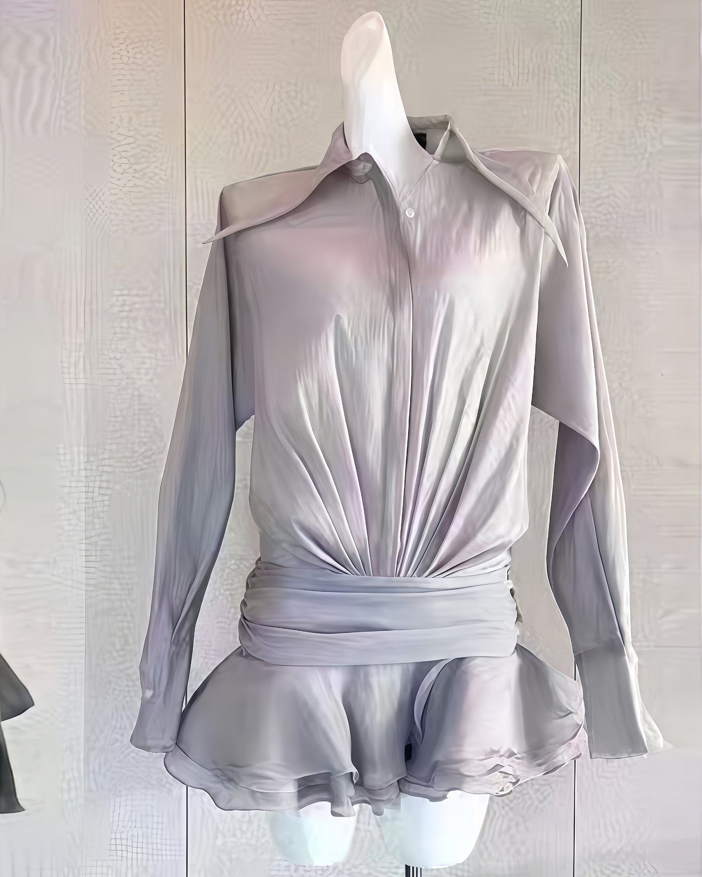 Gray Oversized Collar Ruffled Blouse Dress - SISPELL