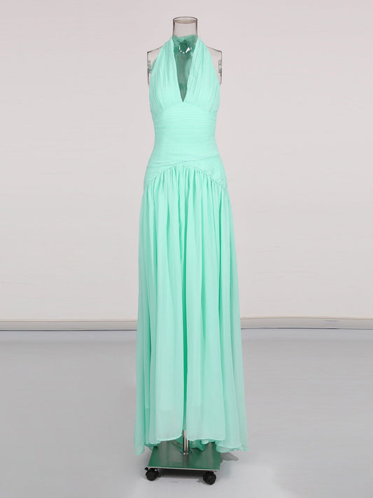 Green Halter Neck Ruched Maxi Dress - SISPELL