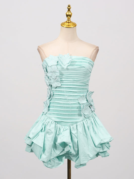 Pleated Patchwork Flower Short Dress