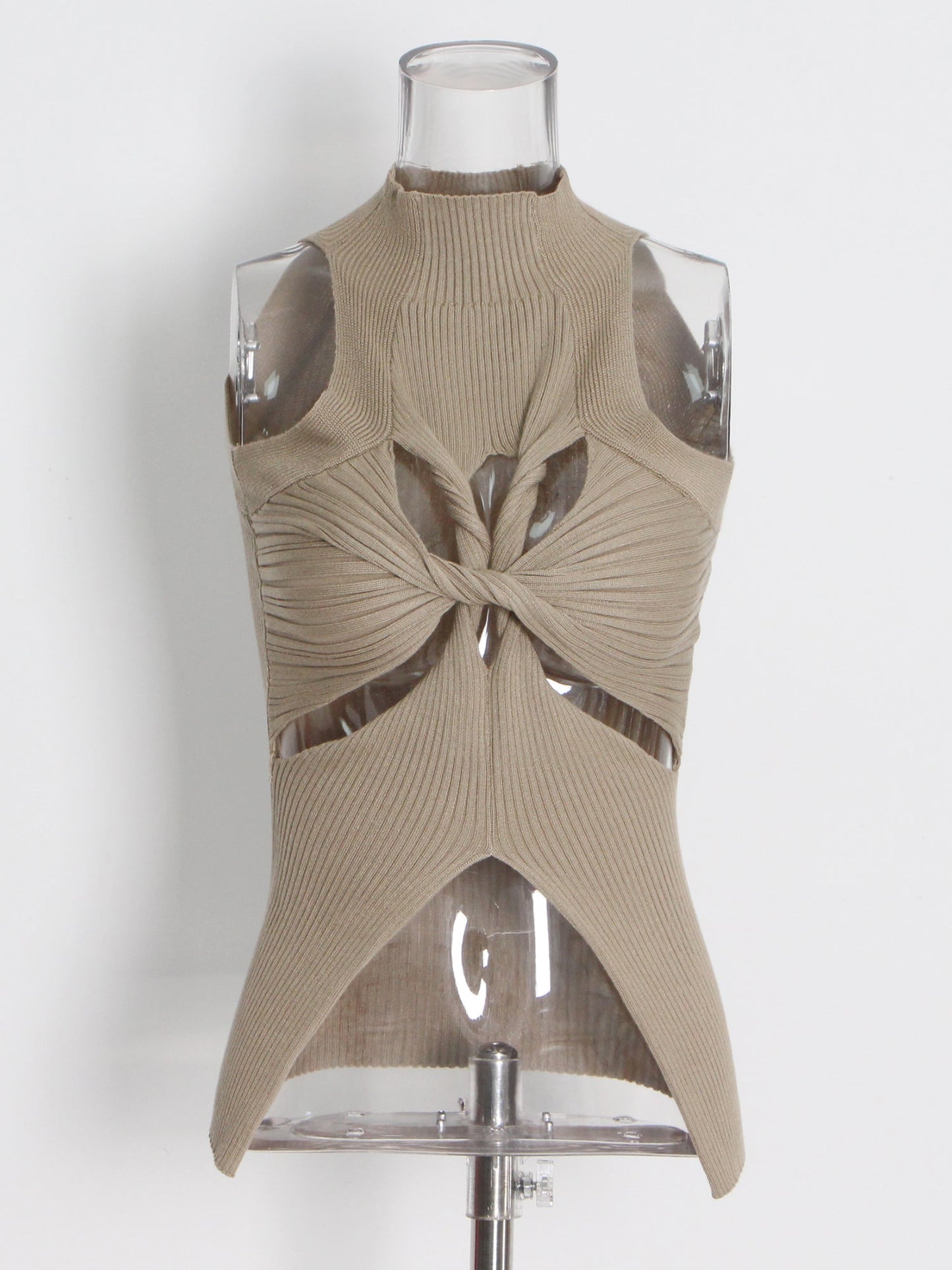 Khaki Ribbed Knot Cutout Sleeveless Top - SISPELL