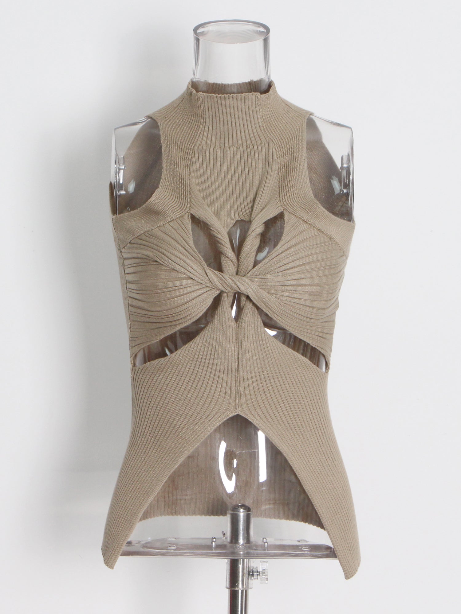 Khaki Ribbed Knot Cutout Sleeveless Top - SISPELL