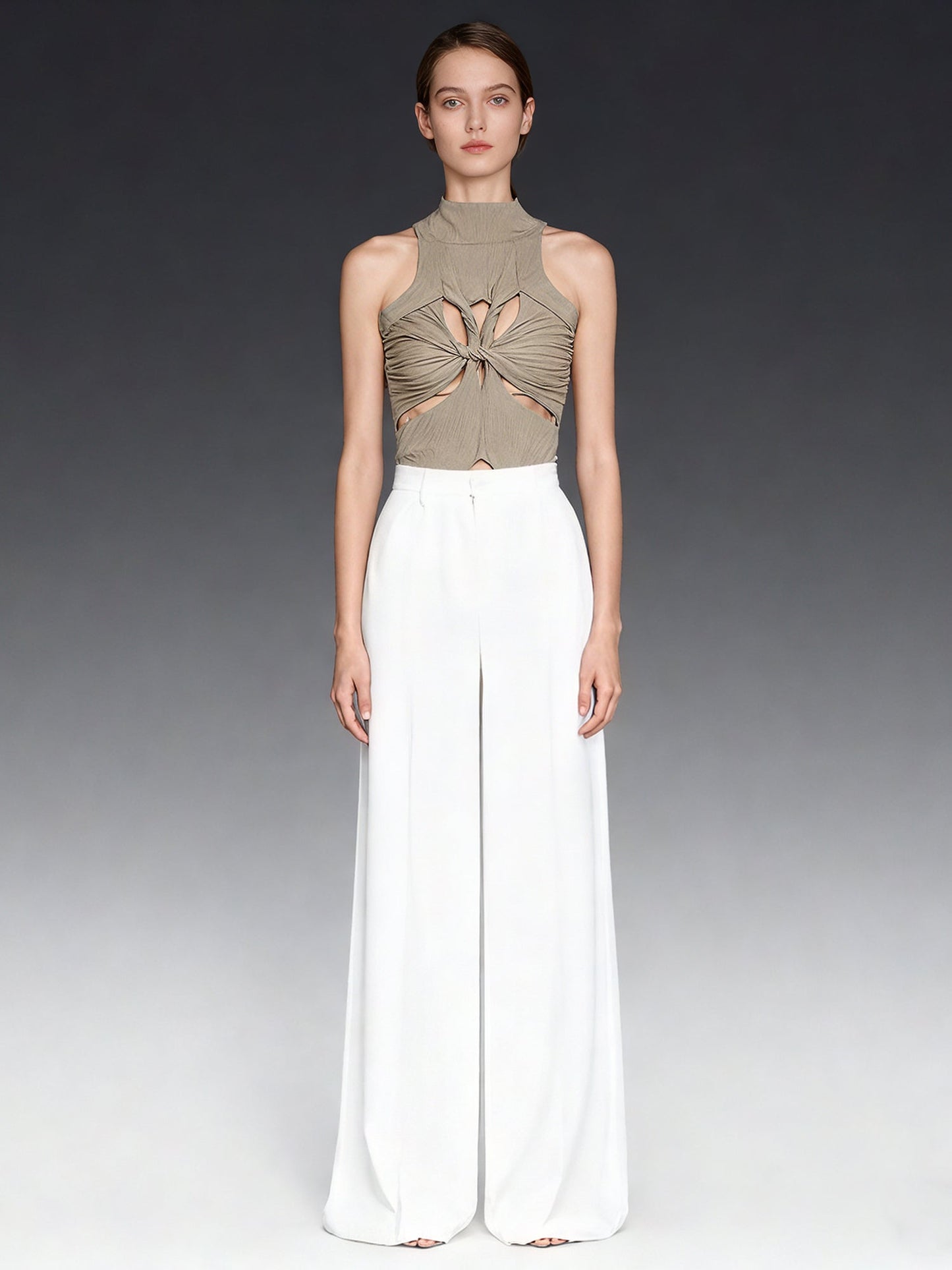 Khaki Ribbed Knot Cutout Sleeveless Top - SISPELL