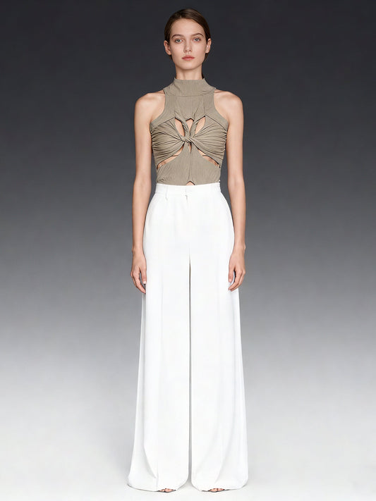 Khaki Ribbed Knot Cutout Sleeveless Top - SISPELL
