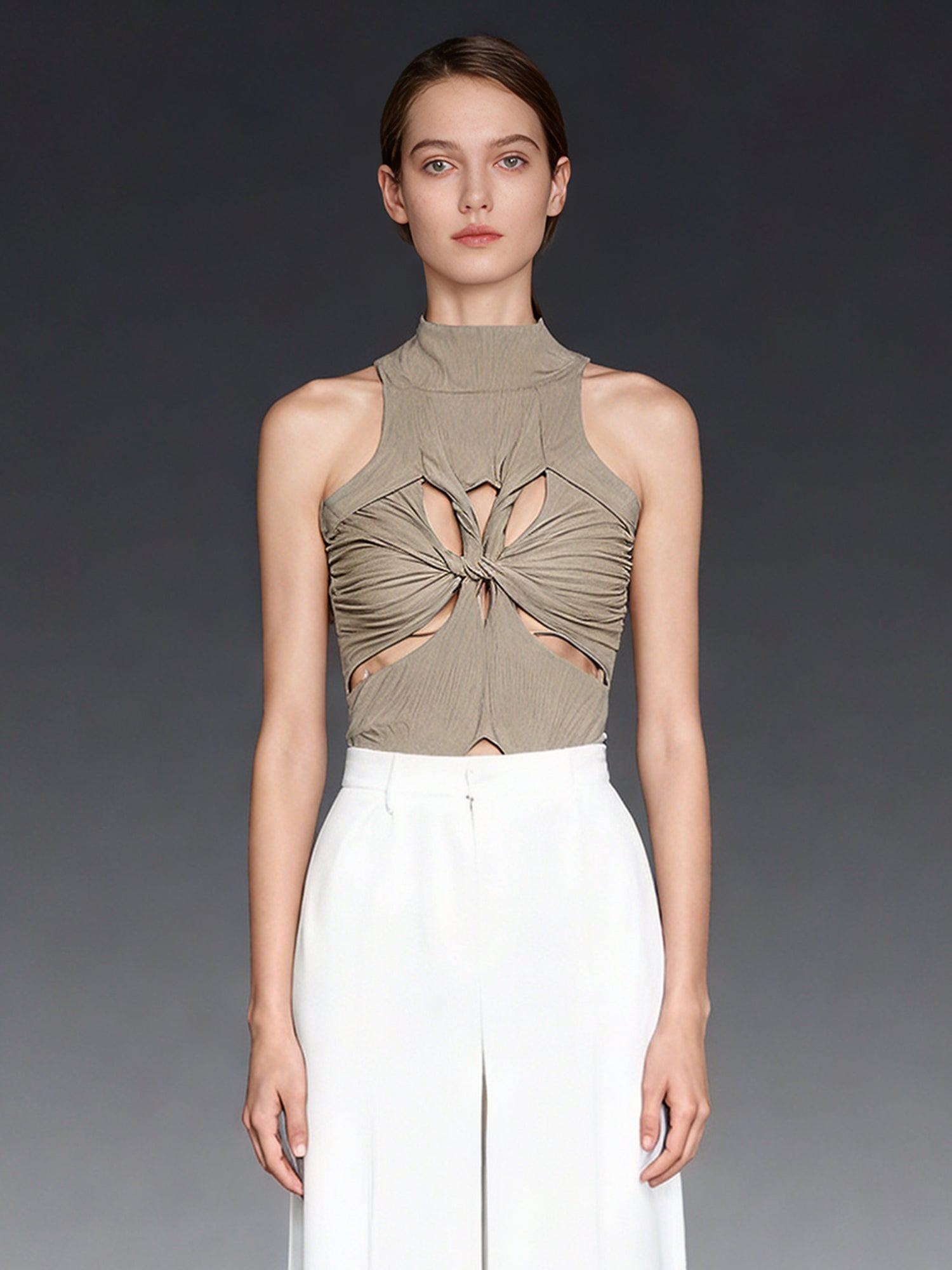 Khaki Ribbed Knot Cutout Sleeveless Top - SISPELL